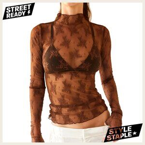 Sheer Lace Long-Sleeve Top in Brown